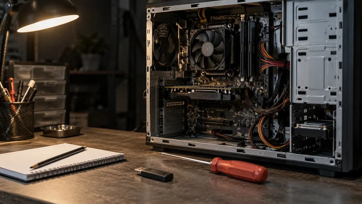 Gabinete de computadora abierto sobre una mesa de taller junto a herramientas y una libreta en blanco