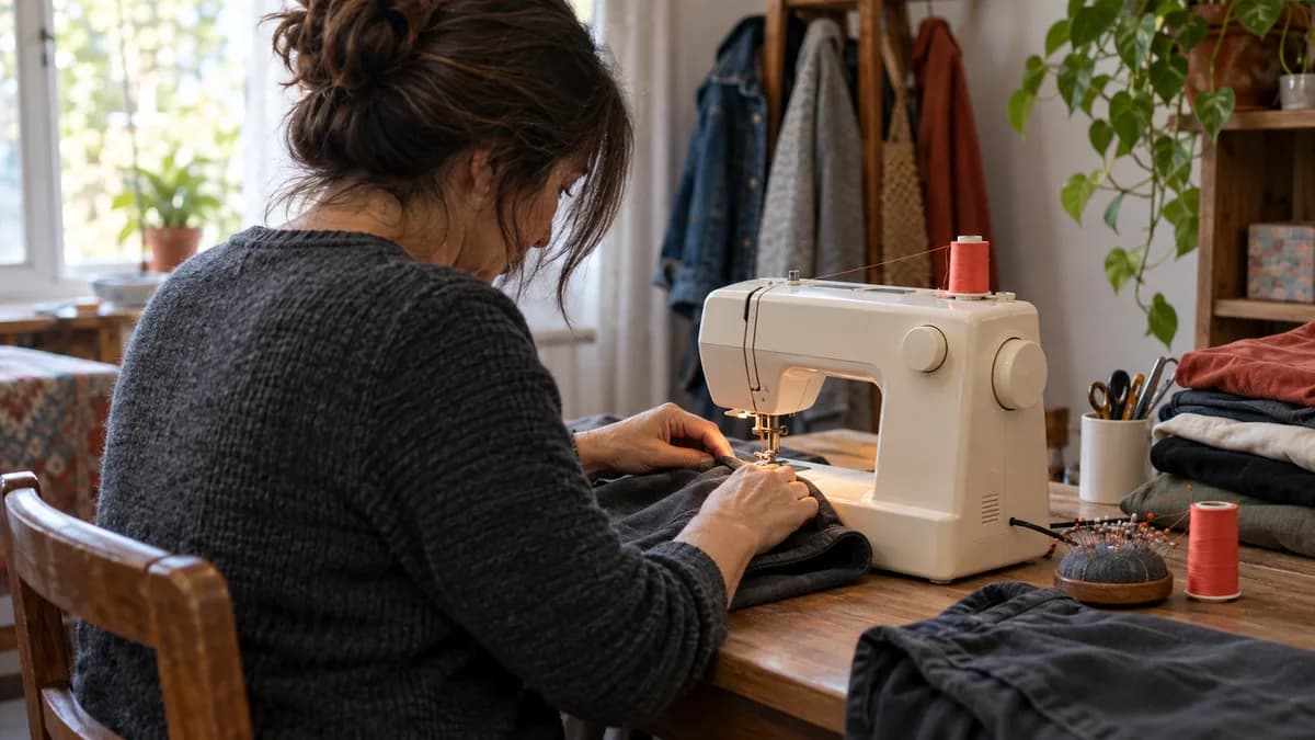 Costurera haciendo un dobladillo en una máquina de coser, con prendas para arreglar a un costado