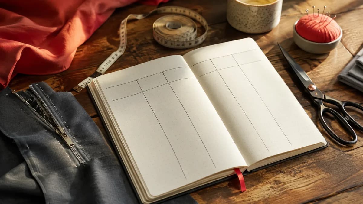 Libreta de presupuesto sin números junto a cinta métrica, tijeras y un cierre de pantalón a medio coser