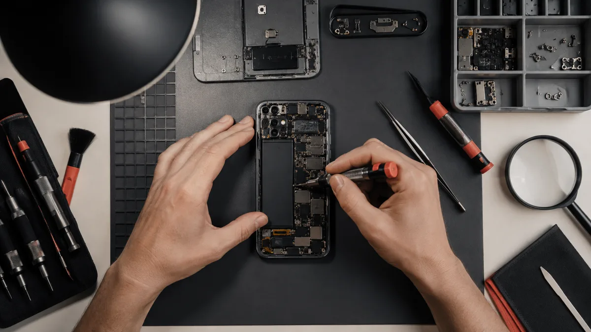 Manos reparan un celular desmontado con herramientas de precisión sobre una mesa de taller