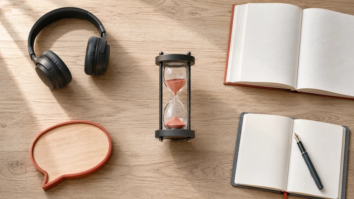 Cuatro objetos en las esquinas de una mesa representan las habilidades del idioma, con un reloj de arena en el centro