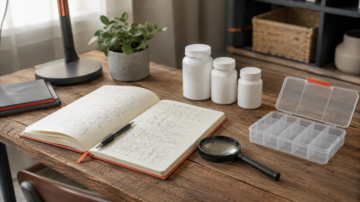 Escritorio de estudio en casa con apuntes, lupa y envases sin etiqueta para aprender el rol de auxiliar de farmacia