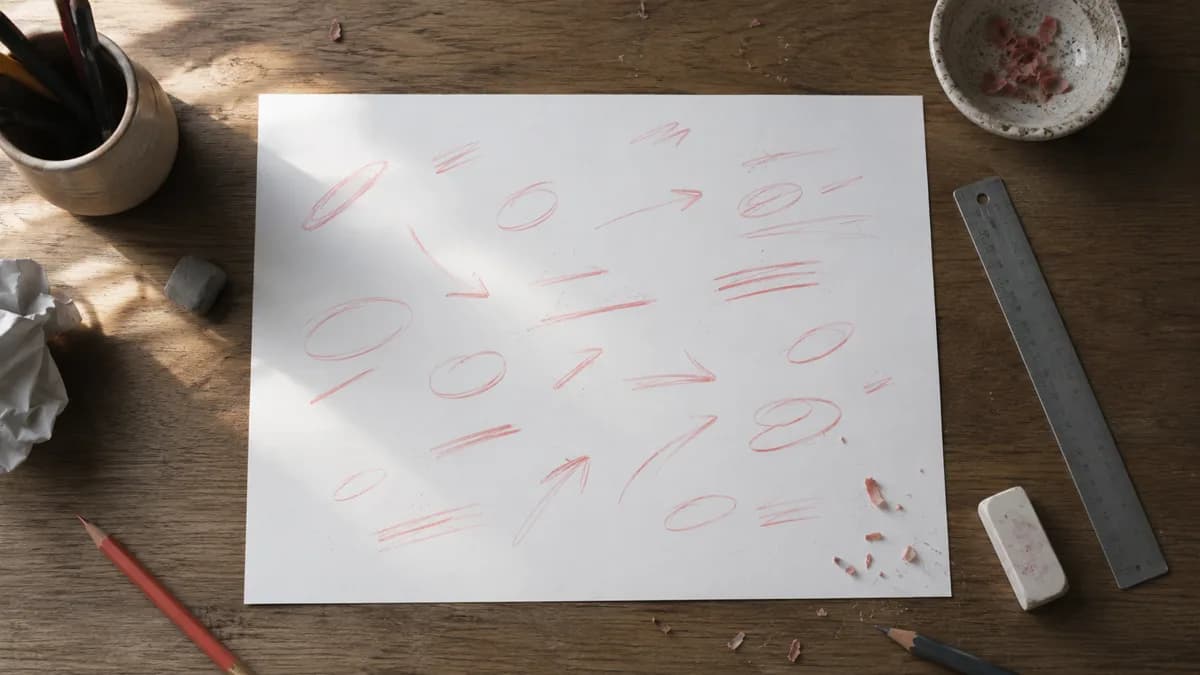 Maqueta de diseño en blanco con marcas de corrección superpuestas sobre un escritorio de estudio en casa
