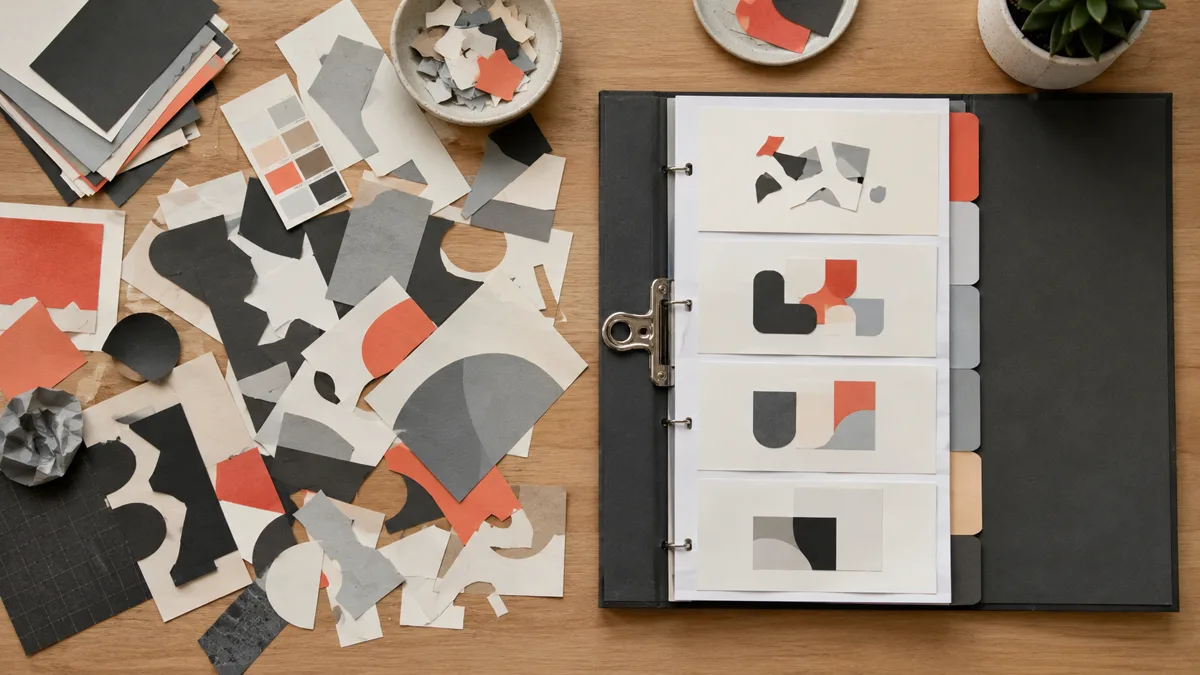 Dos recorridos de aprendizaje de diseño gráfico sobre la misma mesa: piezas sueltas de un lado y una carpeta ordenada del otro