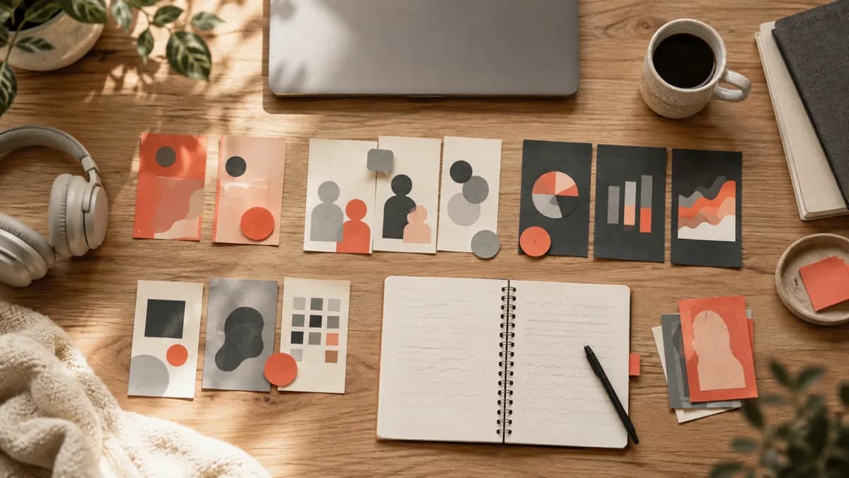 Escritorio de estudio en casa con fichas de estrategia y un cuaderno para aprender Community Management