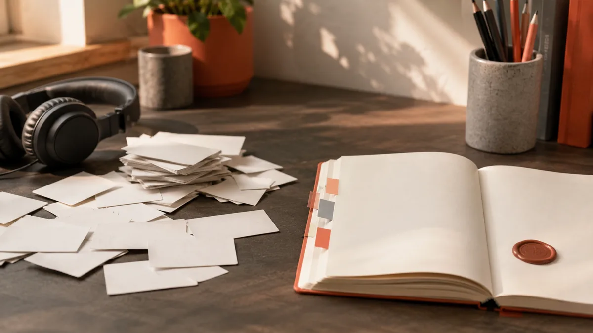 Dos recorridos para aprender inglés sobre el mismo escritorio: tarjetas sueltas de un lado y un cuaderno con progreso ordenado del otro