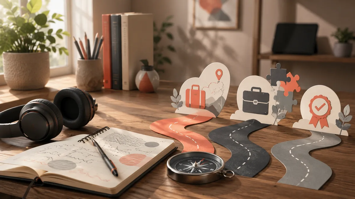Escritorio de estudio en casa muestra distintas rutas posibles para aprender inglés online