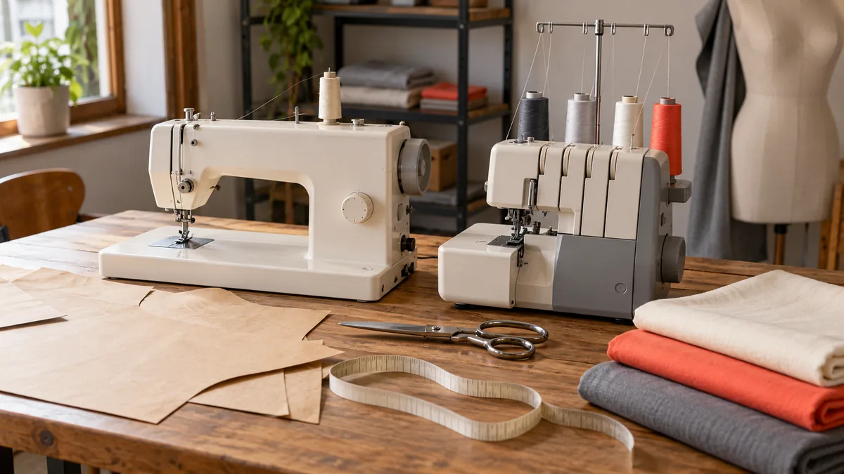 Taller de costura con máquina de coser, overlock, tijeras y moldes de papel