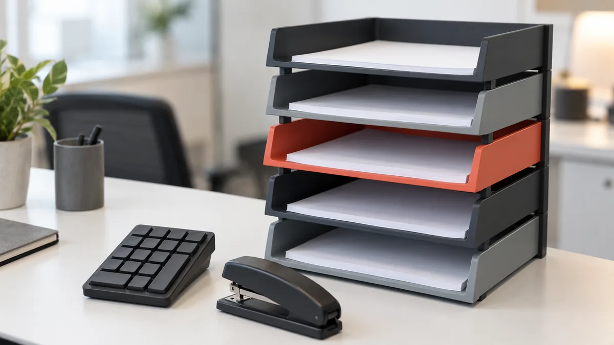 Bandejas de documentos apiladas y un teclado numérico sobre un escritorio de administración