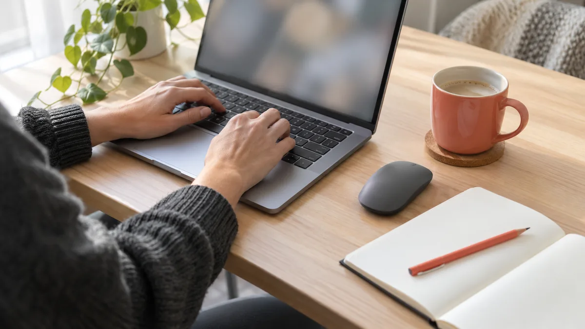 Manos sobre el teclado de una notebook en un escritorio de casa junto a un cuaderno en blanco
