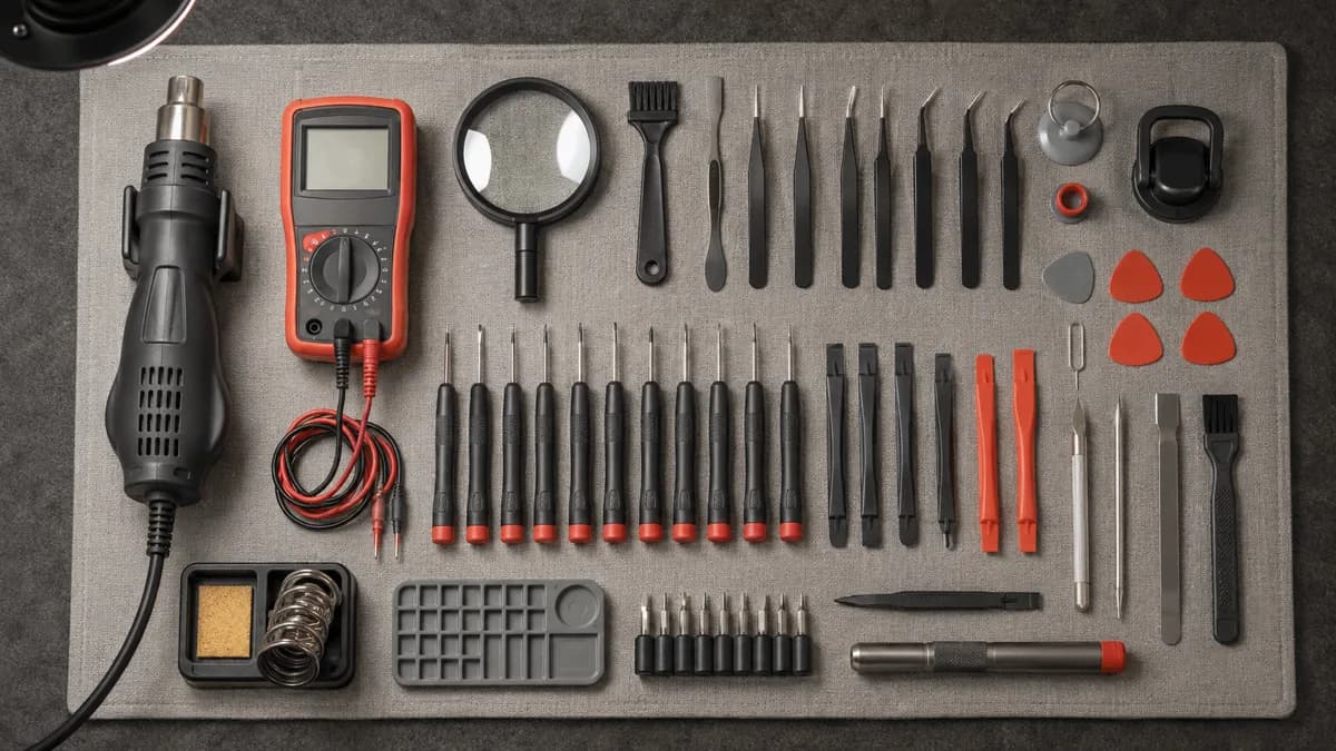 Despliegue ordenado de un kit completo de herramientas para reparar celulares sobre un paño de trabajo