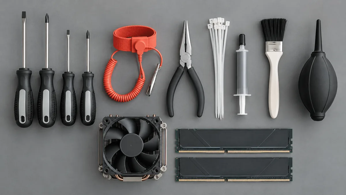 Herramientas para armar y reparar computadoras ordenadas sobre una mesa junto a un ventilador de procesador y módulos de memoria