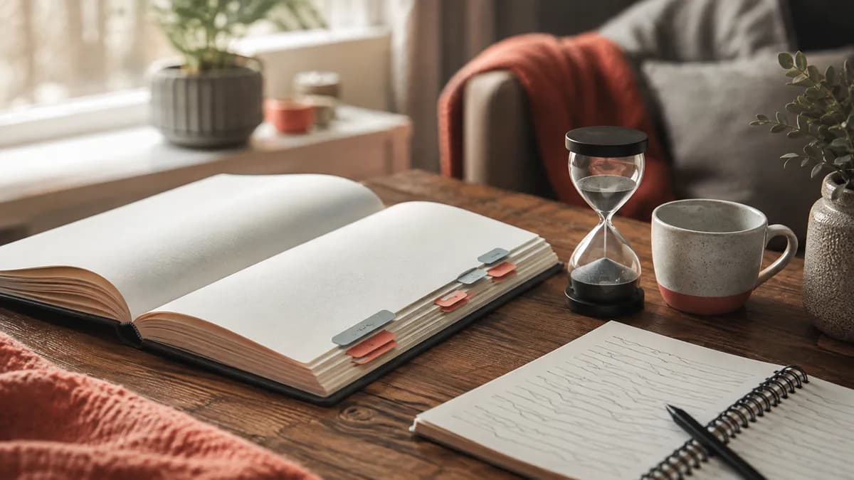 Agenda abierta con pestañas de colores y un reloj de arena sobre un escritorio de estudio en casa