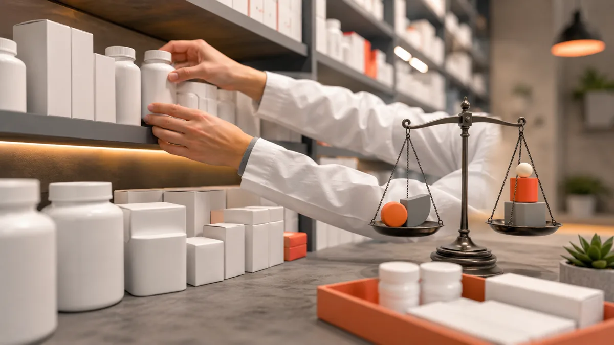 Manos ordenan una estantería de farmacia con envases lisos junto a una balanza conceptual del sueldo