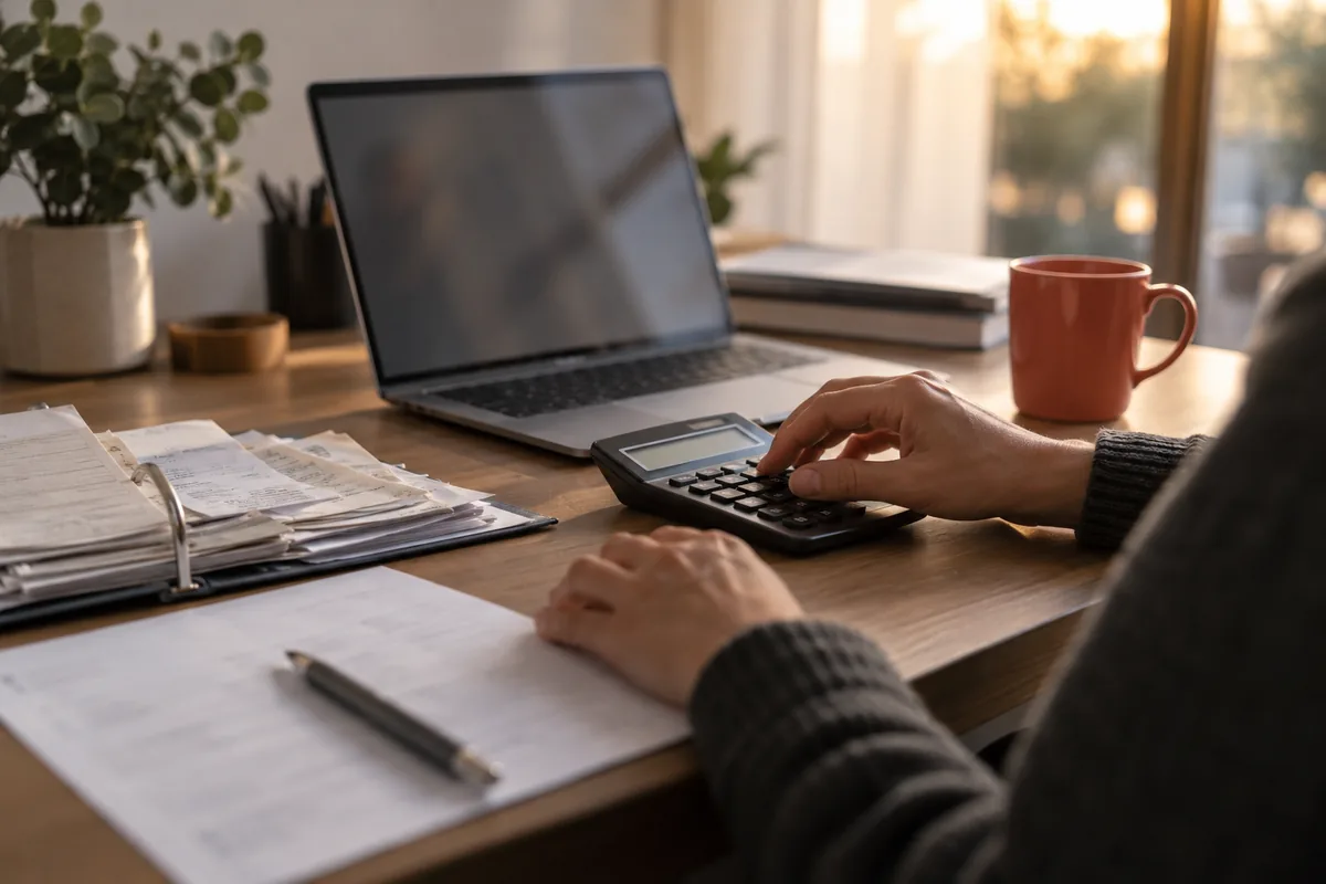 Escritorio con una notebook, una calculadora y carpetas con comprobantes