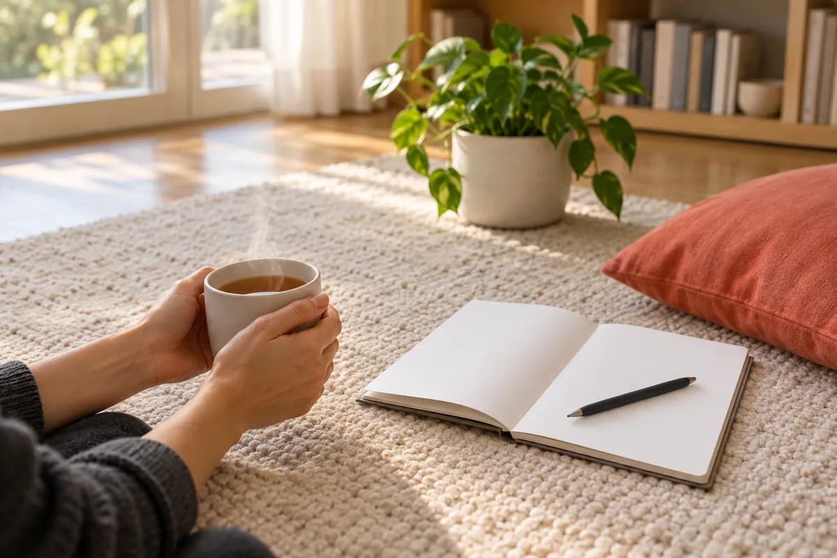 Manos que sostienen una taza de té sobre una alfombra, junto a un cuaderno abierto, una planta y un almohadón