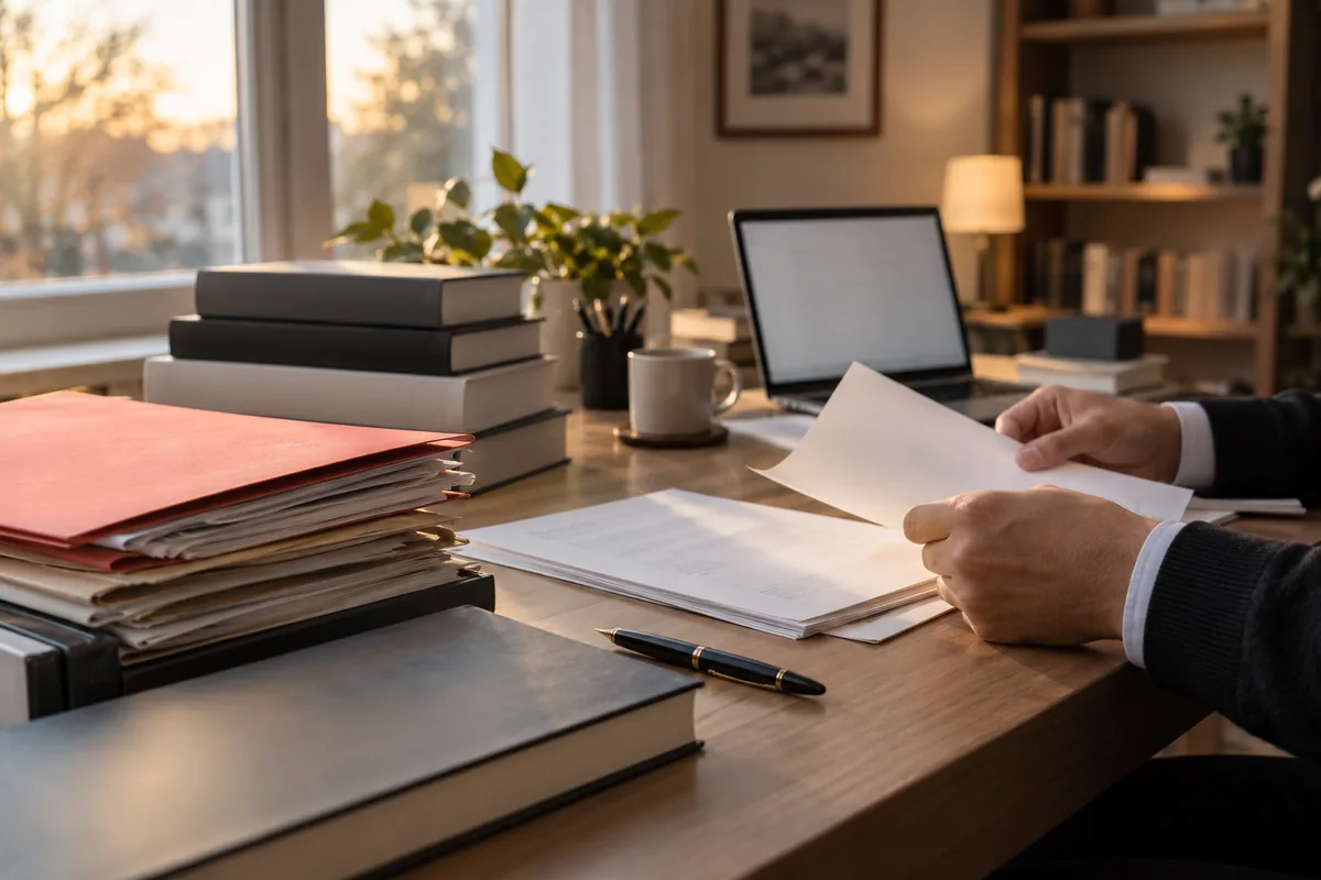Escritorio con expedientes, libros y una notebook