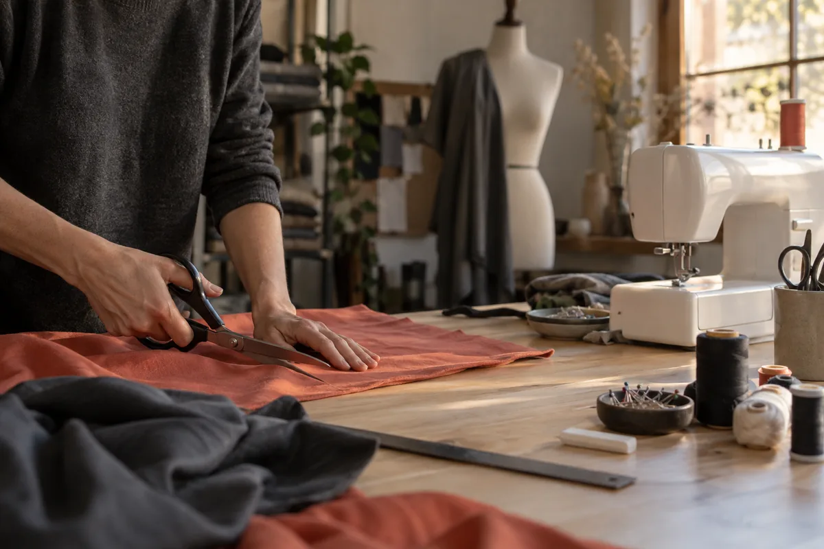 Manos que cortan tela en una mesa de costura, con hilos y una máquina de coser