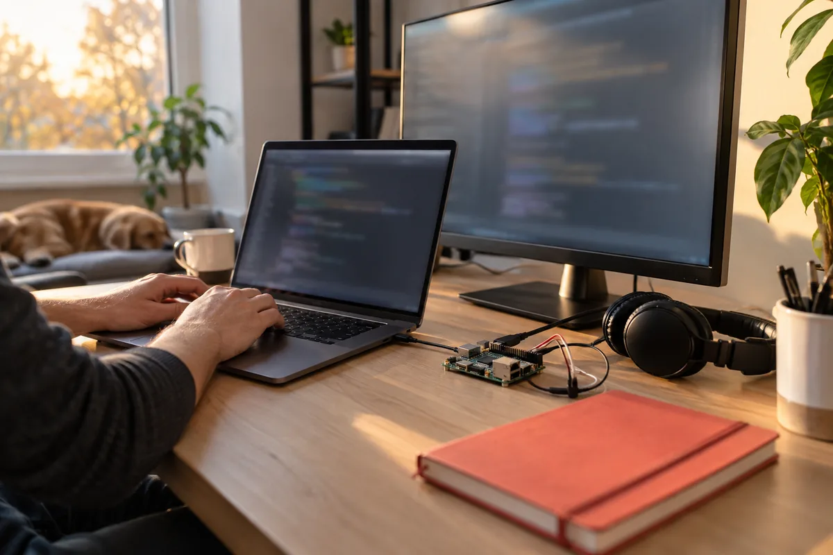 Manos sobre el teclado de una notebook junto a un segundo monitor