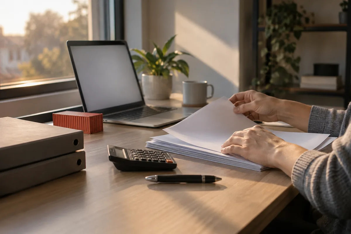 Manos que revisan la documentación de una operación de comercio exterior, junto a una notebook y un contenedor de carga en miniatura