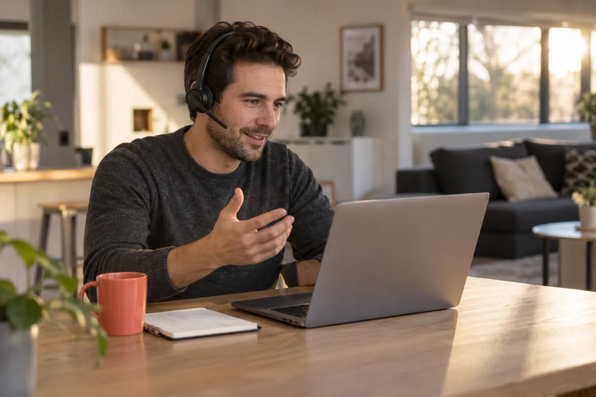 Un hombre con auriculares practica conversación frente a su notebook, en su casa