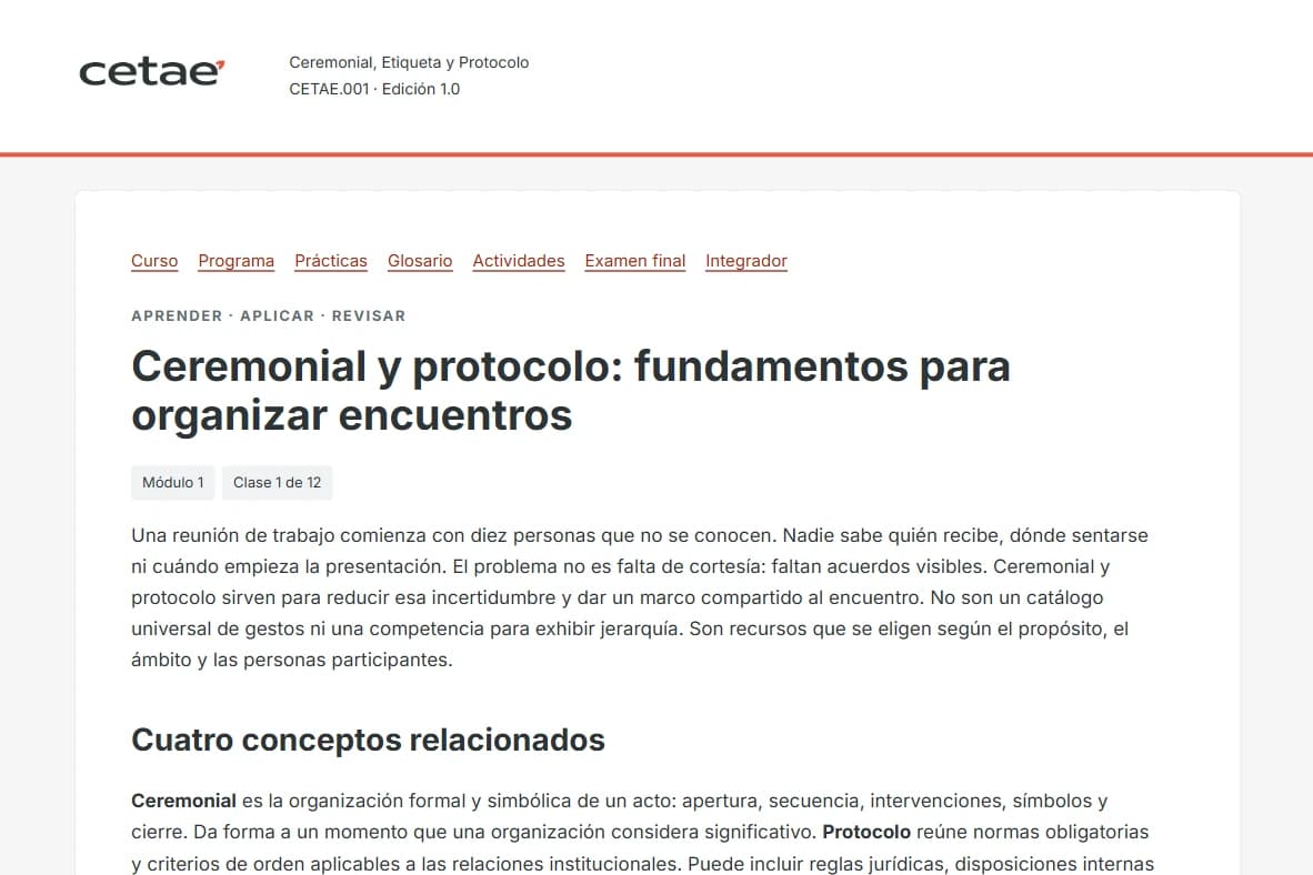 Captura de una clase: título, módulo y explicación del tema