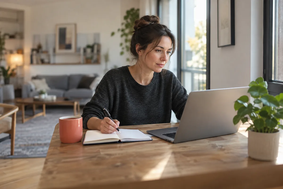 Una mujer estudia en el escritorio de su casa con una notebook y un cuaderno